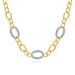 14K Yellow-White Gold Oval Chain Link Necklace with Diamond Pave