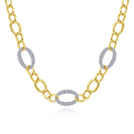 14K Yellow-White Gold Oval Chain Link Necklace with Diamond Pave