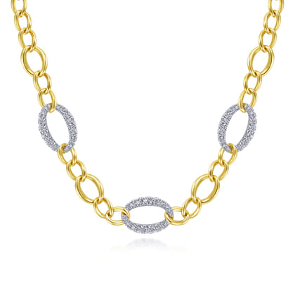 14K Yellow-White Gold Oval Chain Link Necklace with Diamond Pave