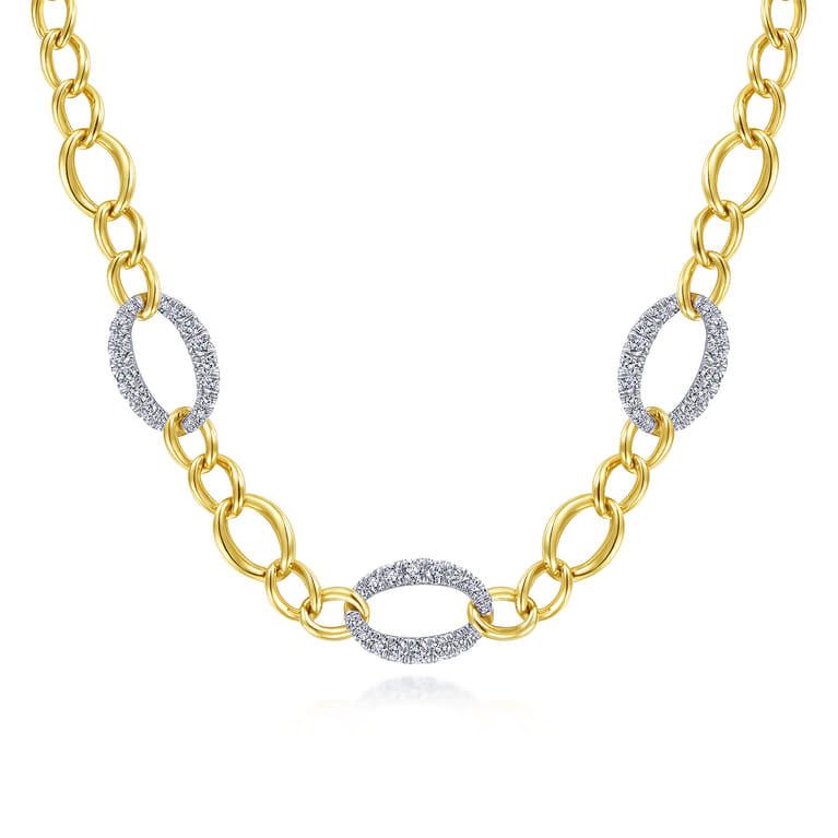 14K Yellow-White Gold Oval Chain Link Necklace with Diamond Pave - 1.55 ct - Shot 1
