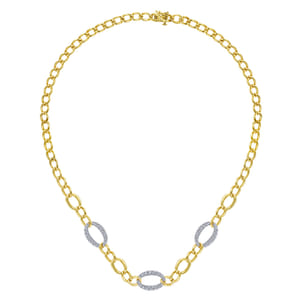14K Yellow-White Gold Oval Chain Link Necklace with Diamond Pave