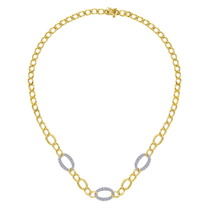 14K Yellow-White Gold Oval Chain Link Necklace with Diamond Pave