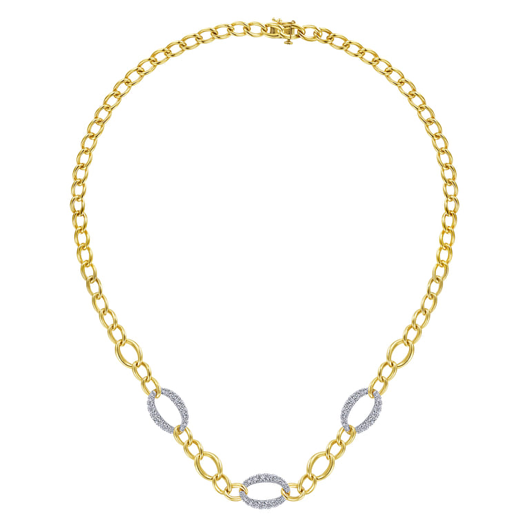 14K Yellow-White Gold Oval Chain Link Necklace with Diamond Pave - 1.55 ct - Shot 2