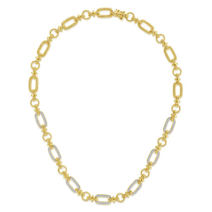 14K Yellow-White Gold Oval Chain Twisted Rope Link Necklace with Diamond Pave