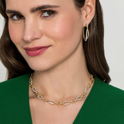 14K Yellow-White Gold Oval Chain Twisted Rope Link Necklace with Diamond Pave