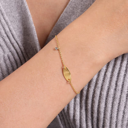 14K Yellow-White Gold Oval Nameplate Bracelet with Bezel Set Diamond Charm