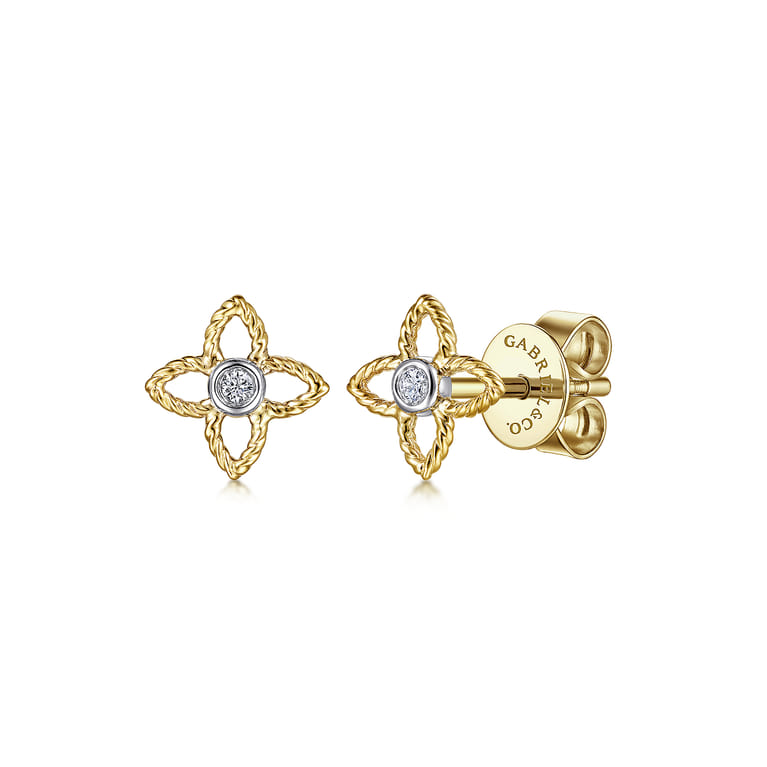 14K Yellow-White Gold Quatrefoil Twisted Rope and Diamond Stud Earrings - 0.03 ct - Shot 1