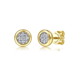 14K Yellow-White Gold Round Bezel Set Diamond Pave Stud Earrings