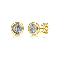 14K Yellow-White Gold Round Bezel Set Diamond Pave Stud Earrings