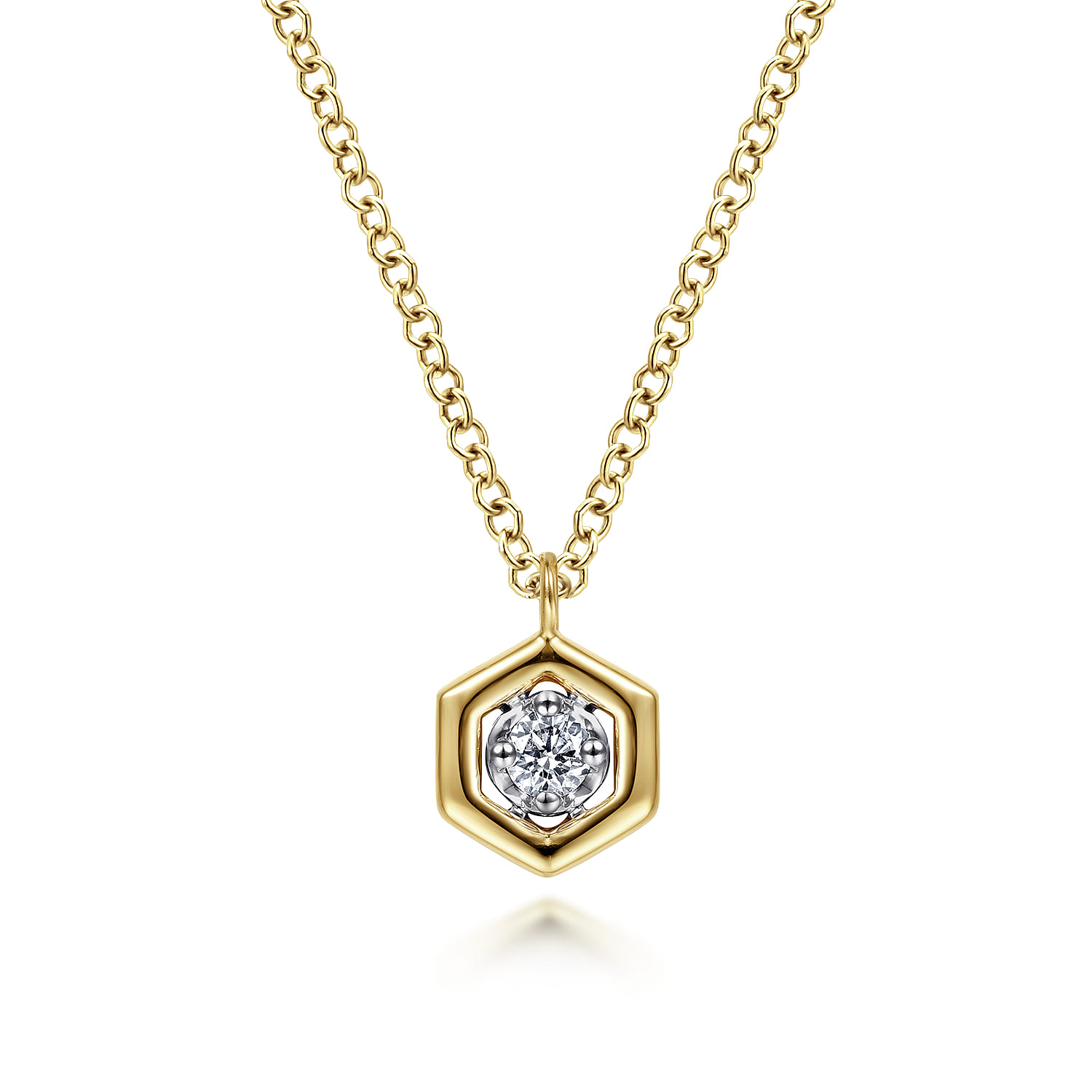 14K Yellow-White Gold Round Diamond Pendant Necklace with Hexagonal Frame - 0.05 ct - Shot 1