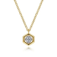 14K Yellow-White Gold Round Diamond Pendant Necklace with Hexagonal Frame