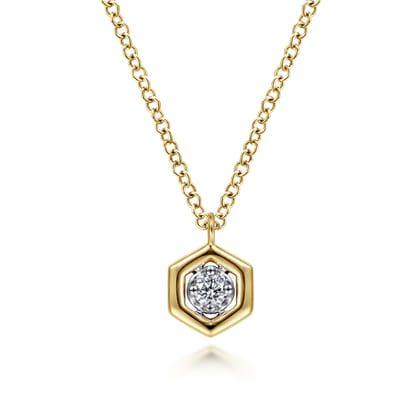 14K Yellow-White Gold Round Diamond Pendant Necklace with Hexagonal Frame