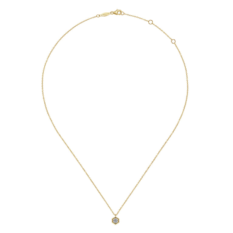 14K Yellow-White Gold Round Diamond Pendant Necklace with Hexagonal Frame - 0.05 ct - Shot 2