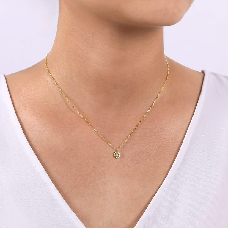 14K Yellow-White Gold Round Diamond Pendant Necklace with Hexagonal Frame - 0.05 ct - Shot 3