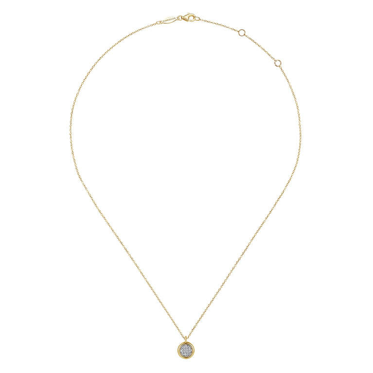 14K Yellow-White Gold Round Pave Diamond Cluster Pendant Necklace with Bezel Frame - 0.1 ct - Shot 2