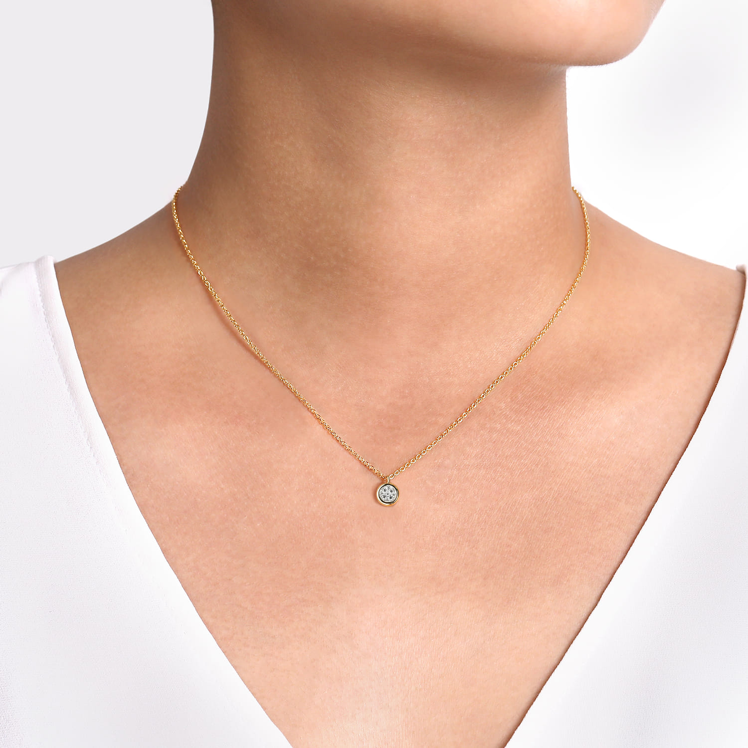 14K Yellow-White Gold Round Pave Diamond Cluster Pendant Necklace with Bezel Frame - 0.1 ct - Shot 3