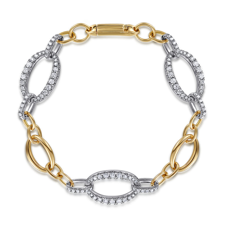 14K Yellow-White Gold Station Bracelet with Diamond Oval Links - 1.55 ct - Shot 1