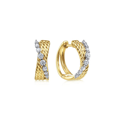 14K Yellow-White Gold Twisted 15mm Diamond Huggie Earrings