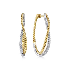 14K Yellow-White Gold Twisted 35mm Classic Diamond Hoop Earrings