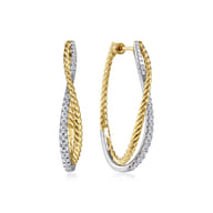 14K Yellow-White Gold Twisted 35mm Classic Diamond Hoop Earrings