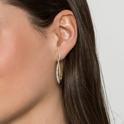 14K Yellow-White Gold Twisted 35mm Classic Diamond Hoop Earrings