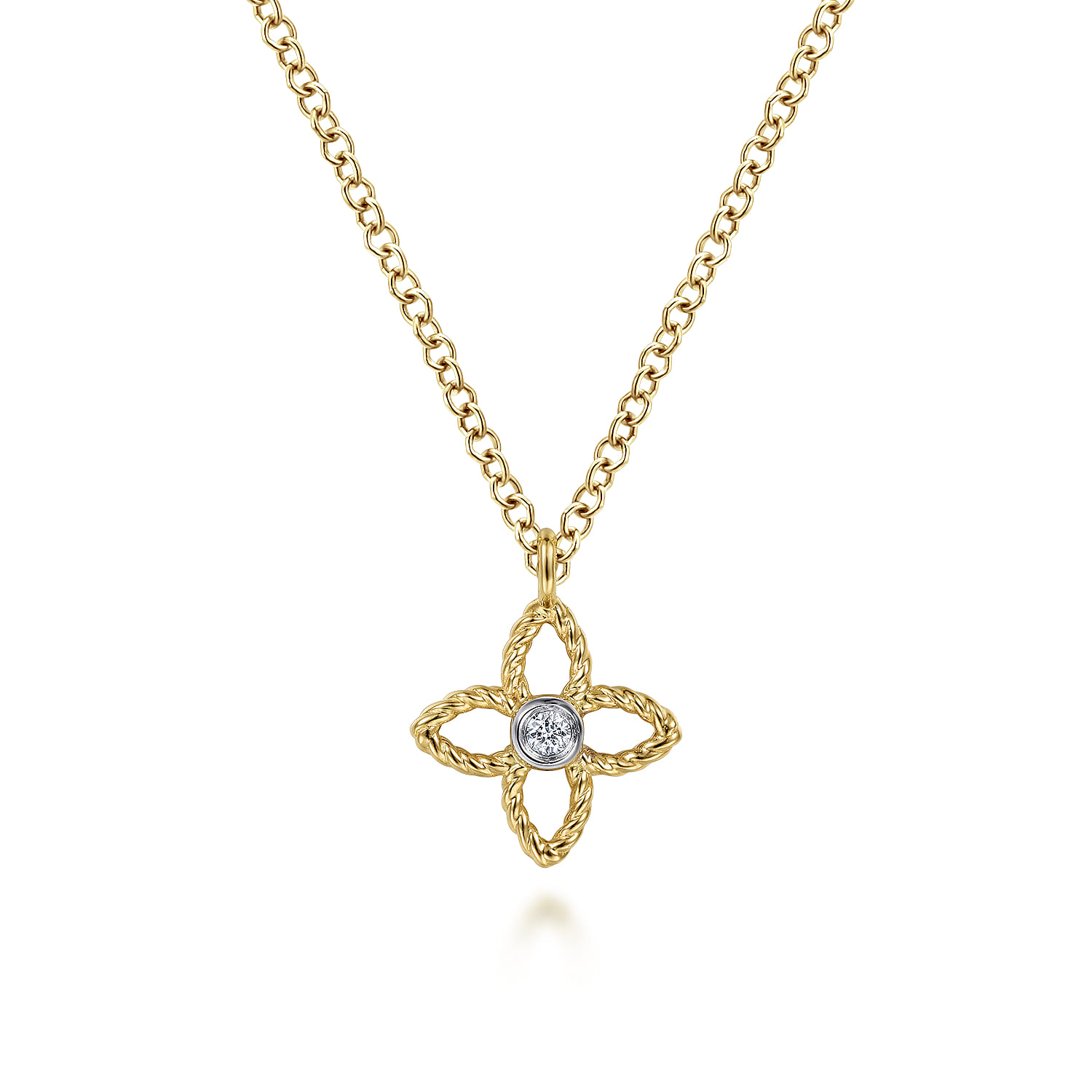 14K Yellow-White Gold Twisted Rope Clover Pendant Necklace with Diamond Center - 0.01 ct - Shot 1
