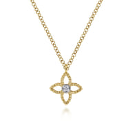 14K Yellow-White Gold Twisted Rope Clover Pendant Necklace with Diamond Center