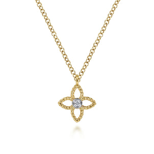 14K Yellow-White Gold Twisted Rope Clover Pendant Necklace with Diamond Center