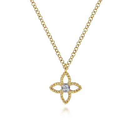 14K Yellow-White Gold Twisted Rope Clover Pendant Necklace with Diamond Center