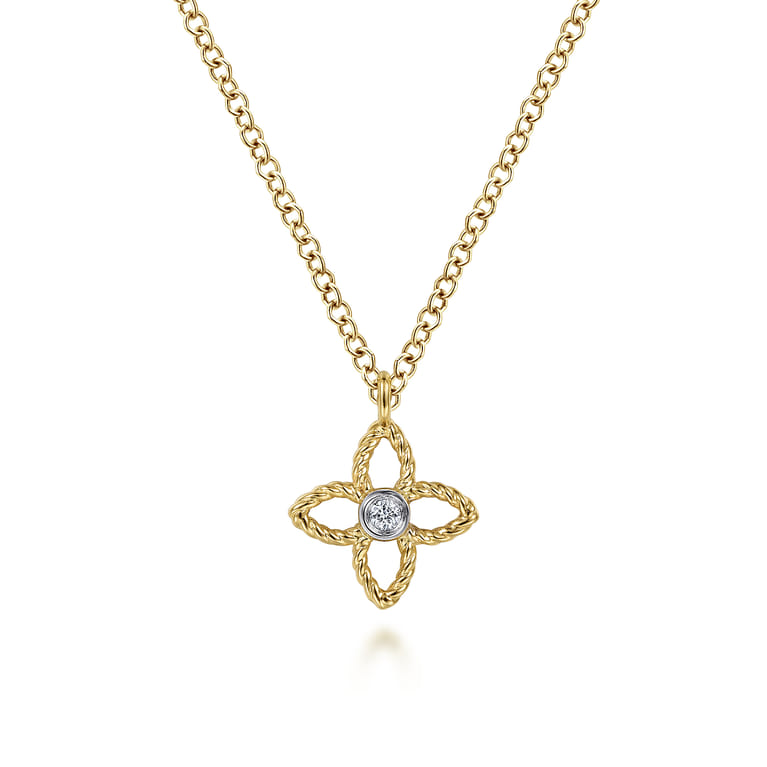 14K Yellow-White Gold Twisted Rope Clover Pendant Necklace with Diamond Center - 0.01 ct - Shot 1