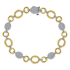 14K Yellow-White Gold Twisted Rope Link Bracelet with Pave Diamond Cluster Stations
