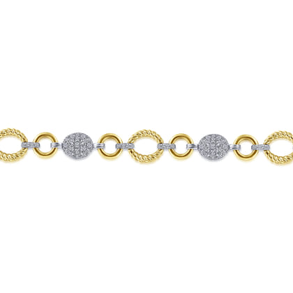 14K Yellow-White Gold Twisted Rope Link Bracelet with Pave Diamond Cluster Stations