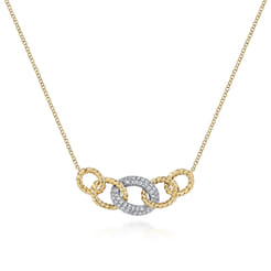 14K Yellow-White Gold Twisted Rope Link Necklace with Pave Diamond Link Station