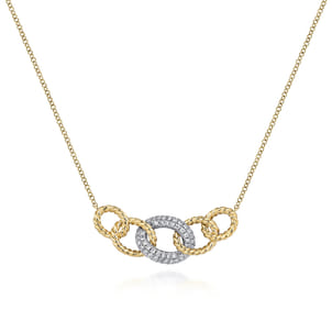 14K Yellow-White Gold Twisted Rope Link Necklace with Pave Diamond Link Station