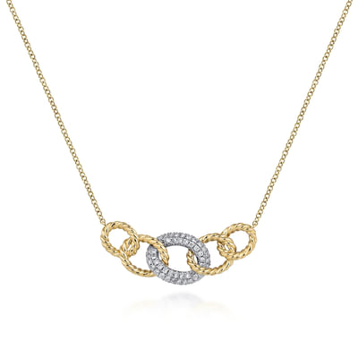 14K Yellow-White Gold Twisted Rope Link Necklace with Pave Diamond Link Station