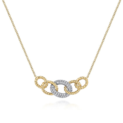 14K Yellow-White Gold Twisted Rope Link Necklace with Pave Diamond Link Station
