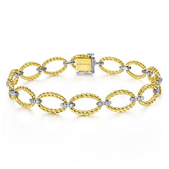 14K Yellow-White Gold Twisted Rope Oval Link Bracelet with Diamond Connectors