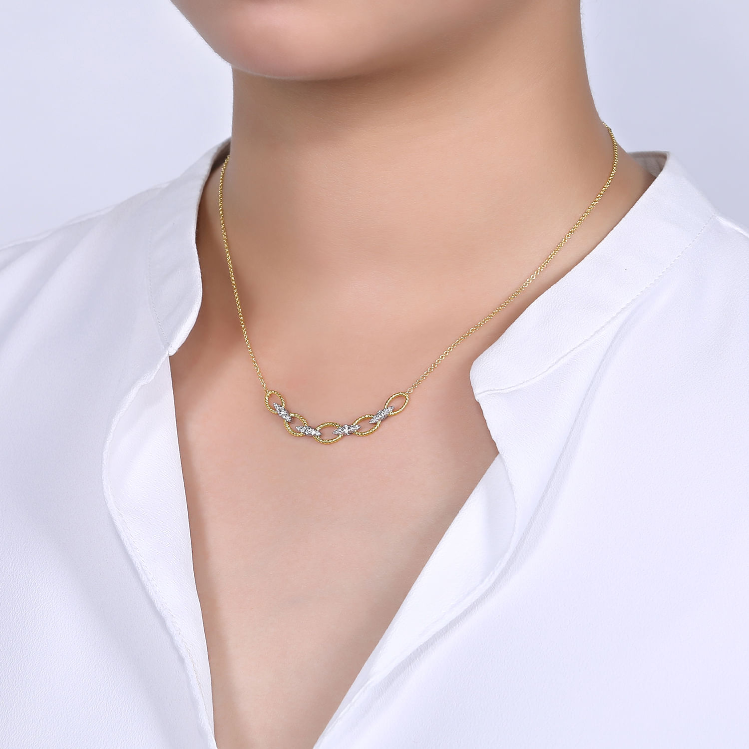 14K Yellow-White Gold Twisted Rope Oval Link Necklace with Diamond Connectors