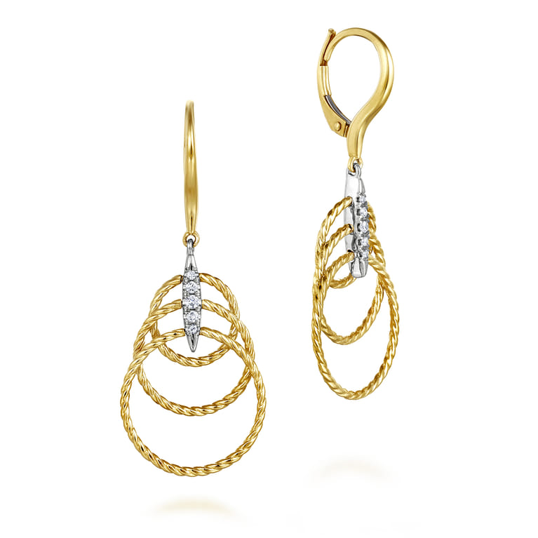 14K Yellow White Gold Twisted Rope Triple Loop Diamond Drop Earrings - 0.1 ct - Shot 1