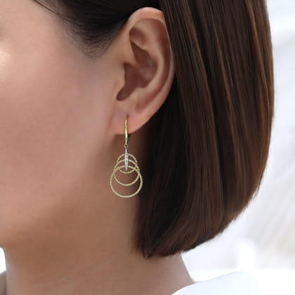 14K Yellow White Gold Twisted Rope Triple Loop Diamond Drop Earrings