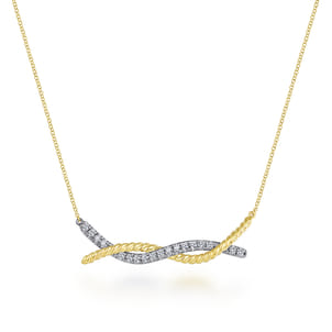 14K Yellow-White Gold Twisted Rope and Pave Diamond Bar Necklace
