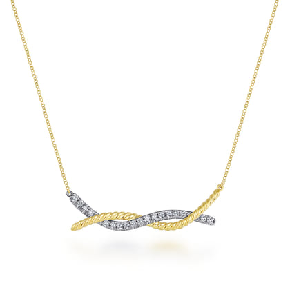14K Yellow-White Gold Twisted Rope and Pave Diamond Bar Necklace