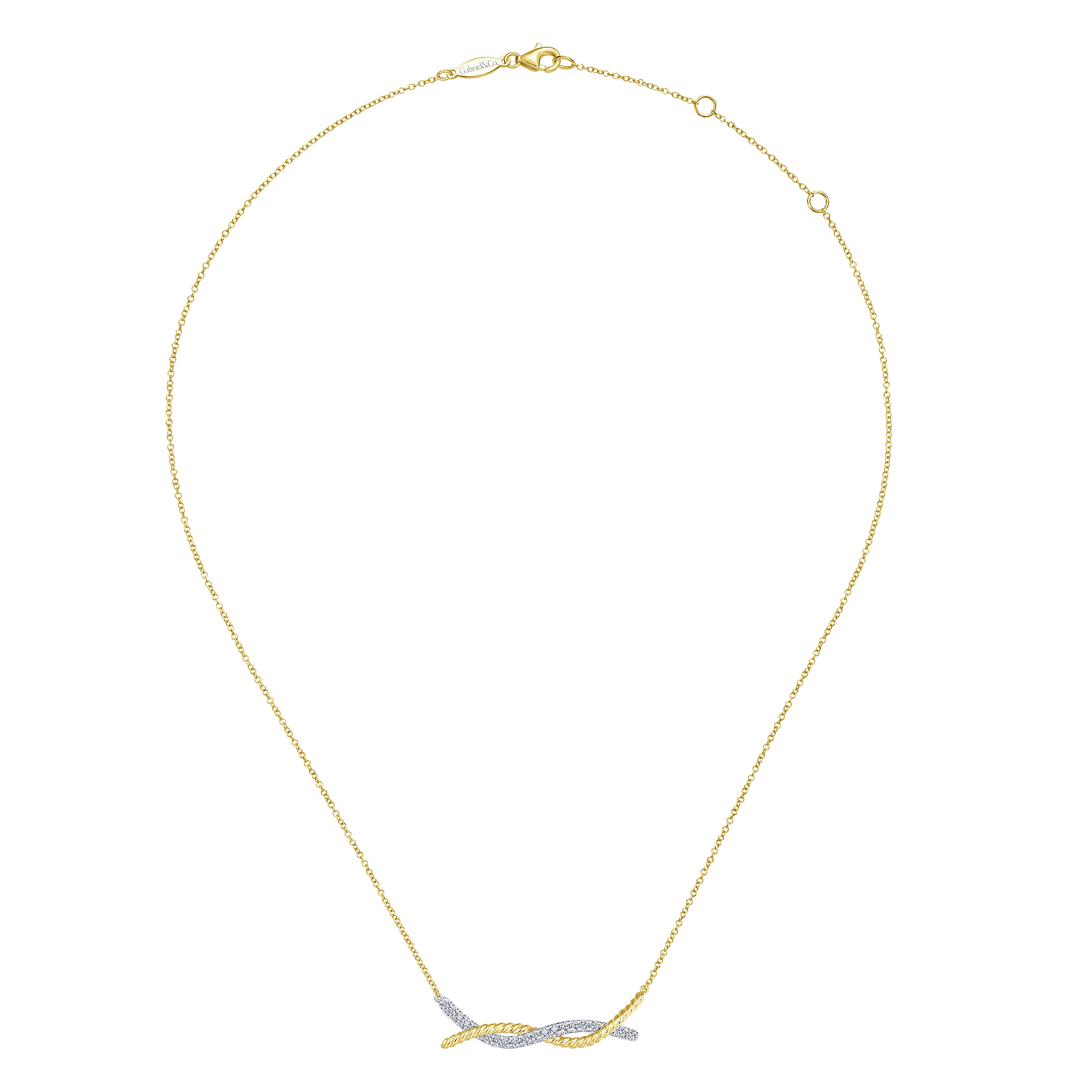 14K Yellow-White Gold Twisted Rope and Pave Diamond Bar Necklace - 0.25 ct - Shot 2