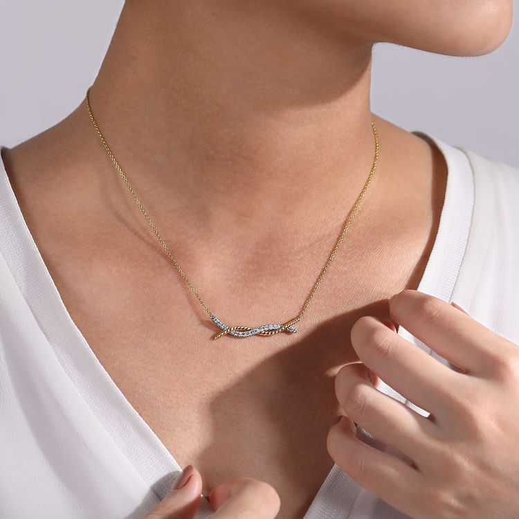 14K Yellow-White Gold Twisted Rope and Pave Diamond Bar Necklace