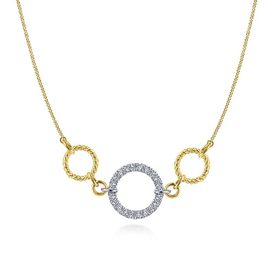 14K Yellow-White Gold Twisted Rope and Pave Diamond Circle Choker Necklace