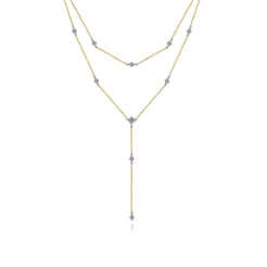 14K Yellow-White Gold Two Strand Diamond Station Y Necklace
