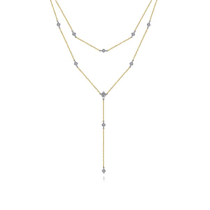 14K Yellow-White Gold Two Strand Diamond Station Y Necklace