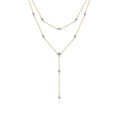 14K Yellow-White Gold Two Strand Diamond Station Y Necklace