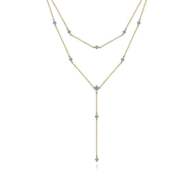 14K Yellow-White Gold Two Strand Diamond Station Y Necklace - 0.17 ct - Shot 1