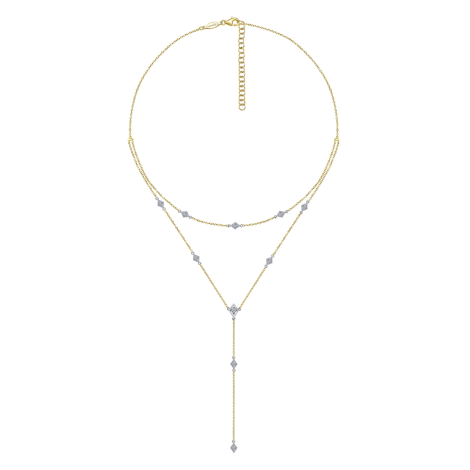 14K Yellow-White Gold Two Strand Diamond Station Y Necklace - 0.17 ct - Shot 2